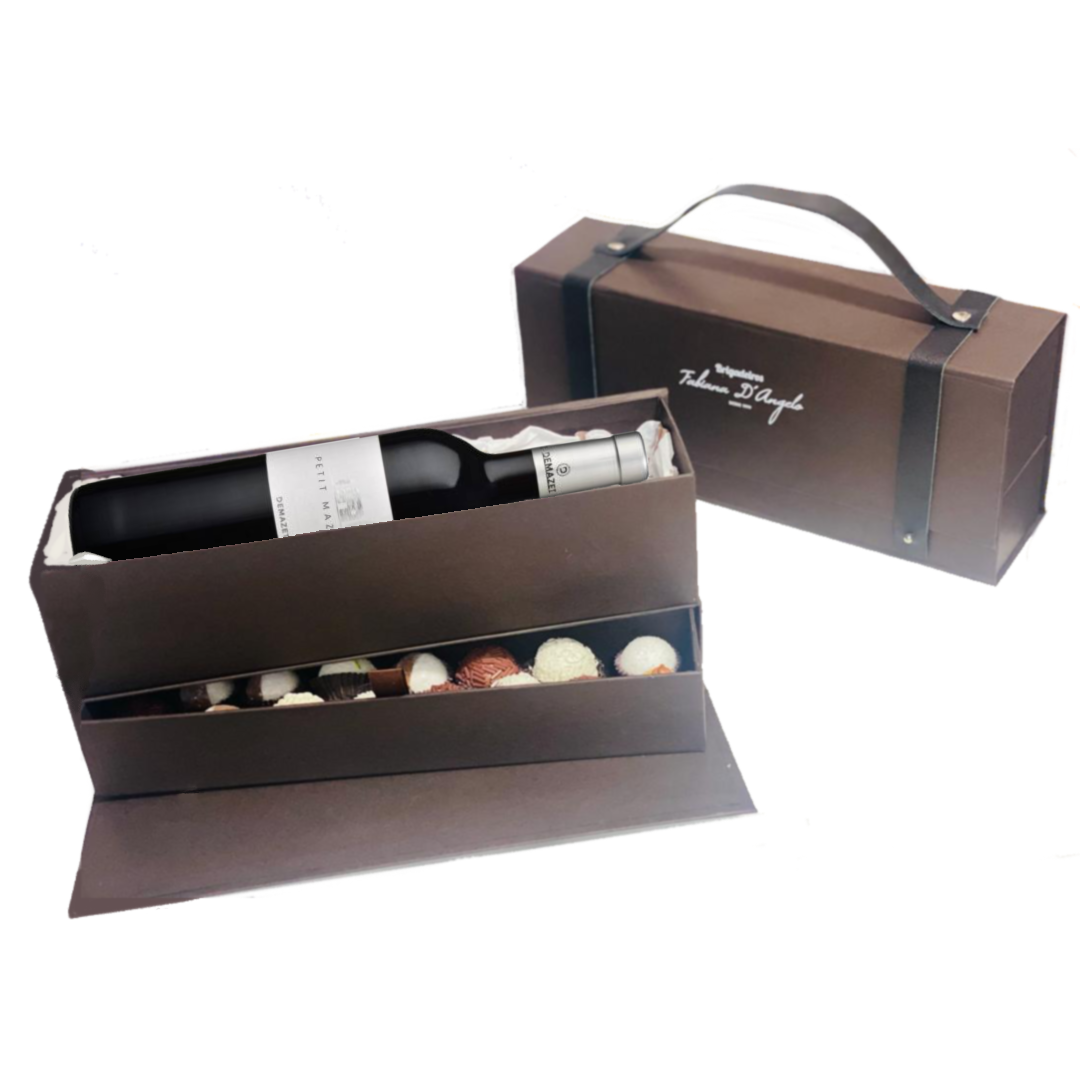 Maleta com brigadeiros e vinho